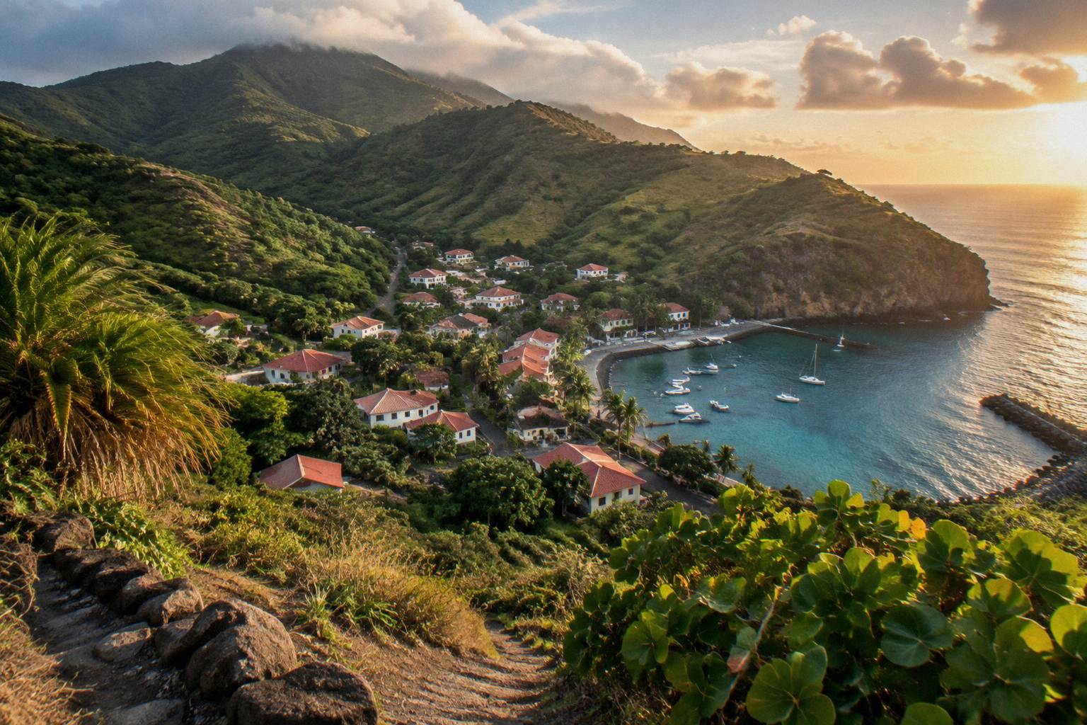 Steep green volcanic island rising straight from the sea